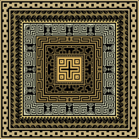 Gold tribal ethnic greek style square frames and borders seamless pattern. Vector ornamental background. Repeat Geometric modern ornament with Greek key meanders, chains, waves, mazes, borders, framesのイラスト素材