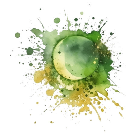 Green yellow watercolor splash blot splatter stain on white background. Colorful watercolor brush strokes pattern with circle. Trendy textured hand drawn vector illustration. Isolated modern design.のイラスト素材