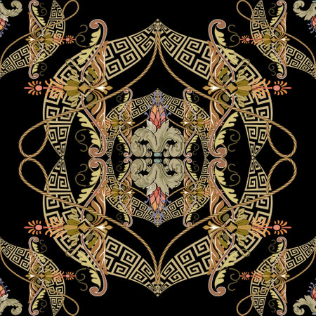 Greek style foral hand drawn seamless pattern with vintage flowers, leaves, greek key meanders, golden ropes. Luxury ornamental vector background. Repeat modern backdrop. Decorative beautiful ornamentのイラスト素材