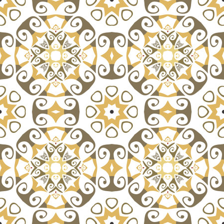 Greek tribal ethnic style floral seamless pattern. Modern beautiful vector background. Repeat ornamental backdrop. Ornate symmetrical ornaments with waves, abstract flowers, mandalas, swirl lines.のイラスト素材