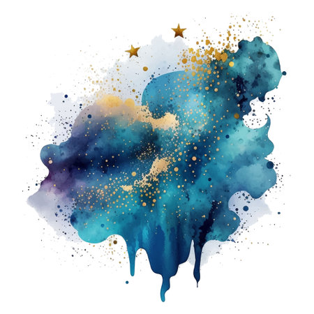 Watercolor splash cloud sky stars blot splatter stain on white background. Textured hand drawn vector watercolor brush strokes pattern with gold glitter. abstraction. Luxury template for your design.のイラスト素材