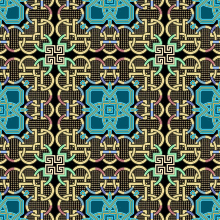 Celtic arabesque greek tribal ethnic style square frames borders seamless pattern. Ornamental vector background. Repeat backdrop. Beautiful vintage intricate ornaments. Greek key, meanders, chains.のイラスト素材