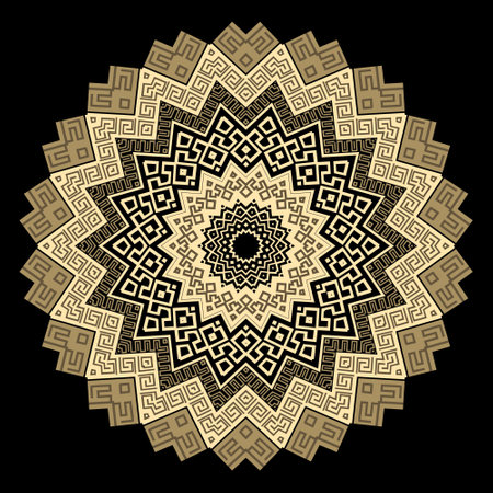 Greek zigzag beautiful mandala pattern. Colorful greek vector background. Ethnic style zig zag mandala ornaments. Modern ornate backdrop. Ornamental flower with greek key, meanders. template. elementのイラスト素材