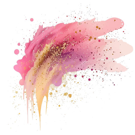 Pink watercolor splash splatter stain brush strokes with gold glitter on white background. Modern aquarelle spot. Trendy isolated painted design on white. Element. Vector watercolor illustration.のイラスト素材