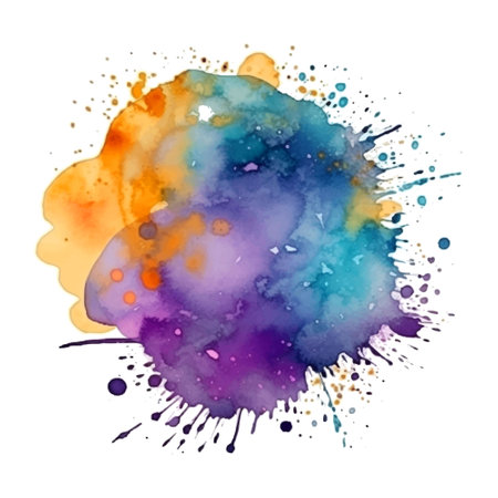 watercolor splash. Bright colorful violet yellow watercolor splash splatter stain brush strokes on white background. Modern vibrant aquarelle spot. Isolated textured grunge design on white. Element.のイラスト素材