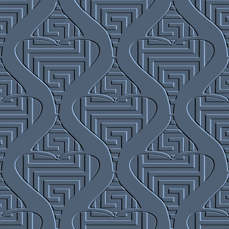 Emboss textured 3d greek vector seamless pattern. Surface modern relief blue embossed background. Embossing wave lines, Greek key, meanders. Grunge decorative 3d ornaments. Endless trendy texture.のイラスト素材