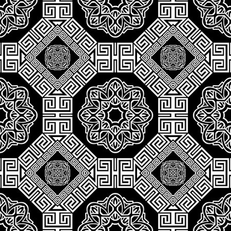 Floral Greek geometric octagon rhombus seamless pattern. Greek vector background. Beautiful monochrome ornaments. Ornamental modern pattern with greek key, meanders frames, borders, flowers, mandalas.のイラスト素材