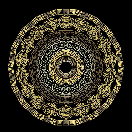 Greek modern floral mandala pattern with greek key, meanders frames, flowers. Colorful greek vector background. Beautiful ethnic style lacy ornaments. Ornamental isolated decorative design. Element.のイラスト素材