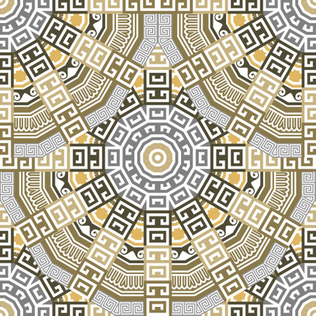 Greek tiled round radial mandalas seamless pattern. Colorful greek vector background. Beautiful ethnic style Deco ornaments. Repeat backdrop. Ornamental circles with greek meanders. endless texture.のイラスト素材