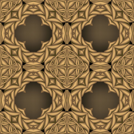 Textured surface braided ropes wicker 3d seamless pattern. Vector ornamental grunge background. Modern glowing repeat backdrop. Trendy ornate gold rope floral ornaments. Endless 3d texture.のイラスト素材