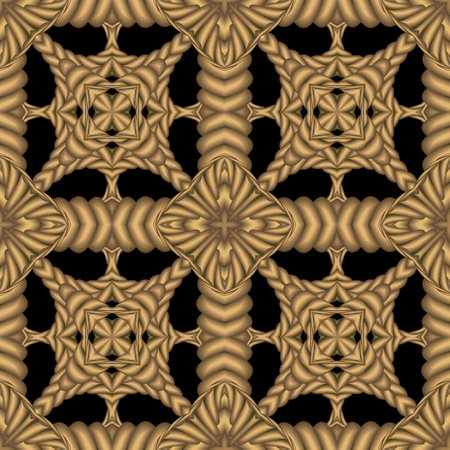 Textured surface braided ropes wicker 3d seamless pattern. Vector ornamental grunge background. Modern patterned repeat backdrop. Trendy ornate gold rope floral ornaments. Endless 3d texture.のイラスト素材