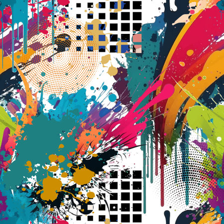 Vibrant watercolor liquid splashes, spray, brush strokes, splatters and geometric shapes seamless pattern. Modern artistic creative art background. Textured doodle lines, halftone squares, circles.のイラスト素材
