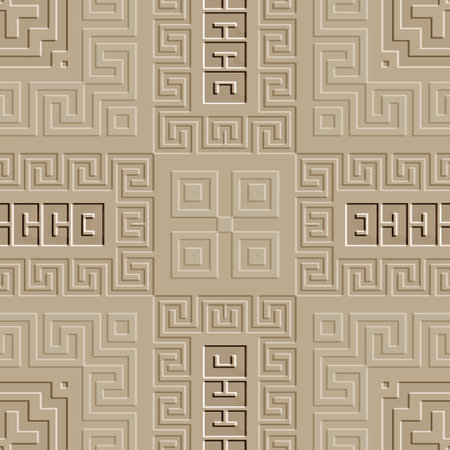 Emboss greek 3d seamless pattern. Embossed relief beige background. Greek key meanders surface geometric ornaments. Abstract repeat textured backdrop. Embossing endless texture. Modern ornate design.のイラスト素材