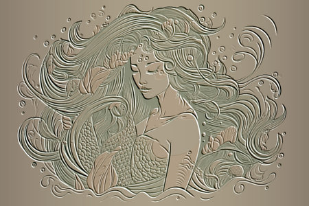 Mermaid. Beautiful textured emboss 3d lines water nymph with long hairs. Embossed undine vector pattern background. surface backdrop. Relief line art golden nixie ornaments Grunge ornate texture.のイラスト素材