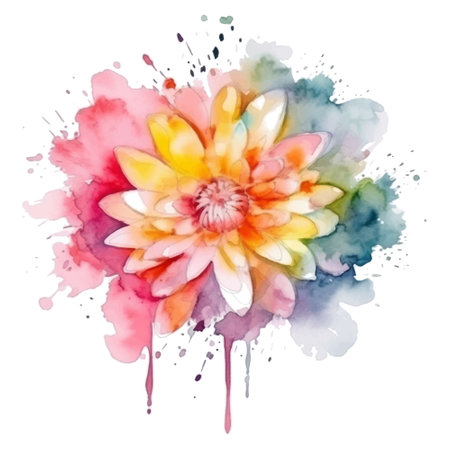 Watercolor beautiful lotus flower pattern. Dirty watercolor background with splash, spots, splatters. Hand drawn painted blossom lotus flower, leaves. Water lily ornament. Grunge texture. Element.のイラスト素材