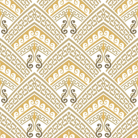Zigzag greek ornamental symmetrical seamless pattern. Tribal ethnic style patterned zig zag vector background. Repeat colorful backdrop. Beautiful ornaments with greek key, meanders, waves, swirls.のイラスト素材