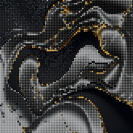 Halftone waves pixel squares beautiful mosaic pattern. Half tone textured squares luxury vector background. Modern digital wavy mosaic ornaments. Ornate ornamental texture. Trendy patterned backdrop.のイラスト素材