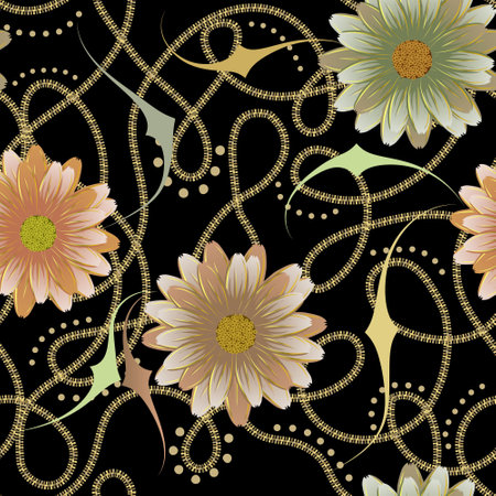 Flowers and snake lines zipper seamless pattern. Floral doodle hand drawn line art curve zippers ornaments. Ornamental vector beautiful background. Repeat decorative backdrop. Modern textured design.のイラスト素材