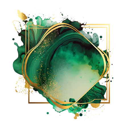 Watercolor splash splatter modern green gold composition with gold frame, border, glitters, place for text. Trendy luxury abstract design. Emerald green watercolor stain. Isolated vector texture.のイラスト素材