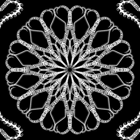 Black and white hand drawn greek mandalas seamless pattern. Ornamental vector background. Ornate floral lacy pattern. Decorative ornaments. Greek key meanders. Beautiful design. Endless texture.のイラスト素材