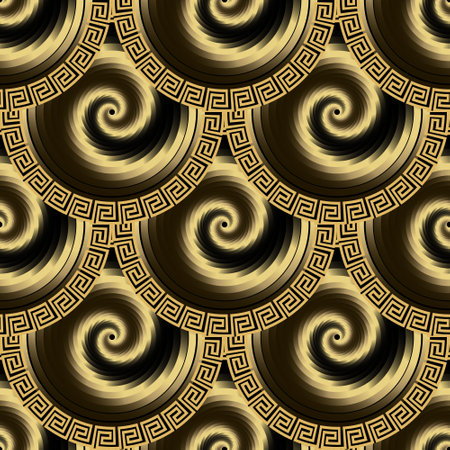 3d gold gradient spiral circles, fractals, swirls, waves, greek meanders seamless pattern. Ornamental swirl mandalas with frames vector background. Spirals ornaments. Endless ornate surface texture.のイラスト素材