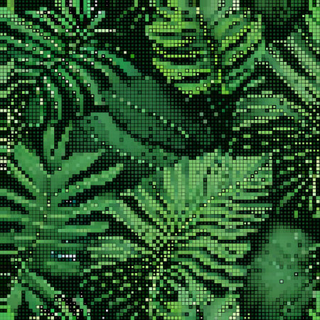 Digital pixel style halftone squares tropical green leaves mosaic pattern background illustration. Textured half tone squares leafy pattern. Decorative grunge ornamental design with palm leaves.のイラスト素材