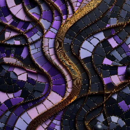 Halftone circles textured waves dotted mosaic pattern with glitter. Art Deco half tone gold violet...