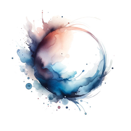 Colorful watercolor spot splash splatter stain brush strokes circle frame on white background. Modern vibrant aquarelle spot. Trendy isolated design on white. Element. Vector watercolor illustration.のイラスト素材