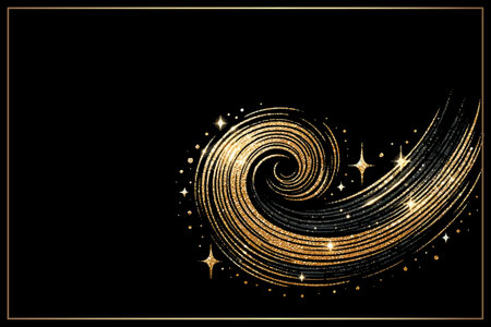 Gold glittery shiny brush stroke with gold frame. Lorem ipsum. Ornate black background. Artistic decorative brushstroke. Trendy beautiful luxury design for greeting cards. Grunge texture with glittersのイラスト素材