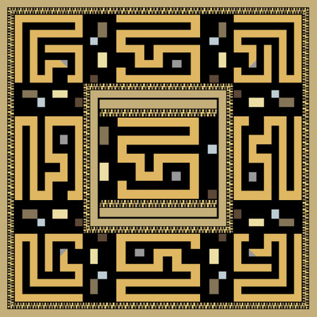 Greek seamless pattern with greece ancient style square golden frame, zipper, lines, greek key meanders on black background. Vector tribal ethnic decorative abstract gold borders frames ornaments.のイラスト素材