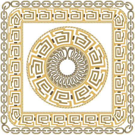 Greek ancient style square frame, border, round mandala seamless pattern with chains, zippers, greek key meanders. Vector white background illustration with golden frames, borders. Modern ornaments.のイラスト素材