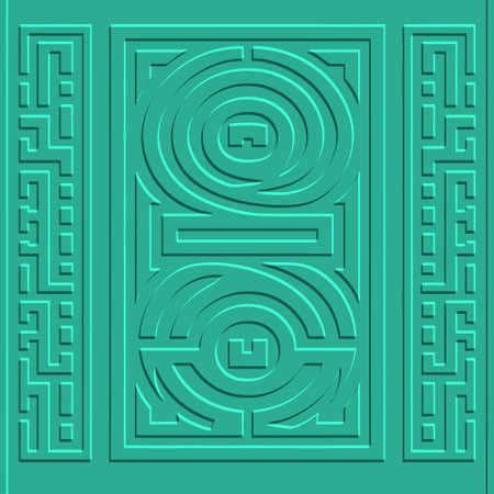 Textured emboss greek key meanders surface 3d seamless pattern. Element. Grunge relief green color modern vector background. Ornamental embossed greece ancient style ornaments. Grunge ornate texture.のイラスト素材
