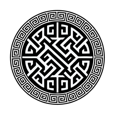 Beautiful black round greek key meanders mandala pattern on white background. Decorative circle ancient greece and celtic style trendy ornament. Isolated drawing design. Greek ornamental frame.のイラスト素材