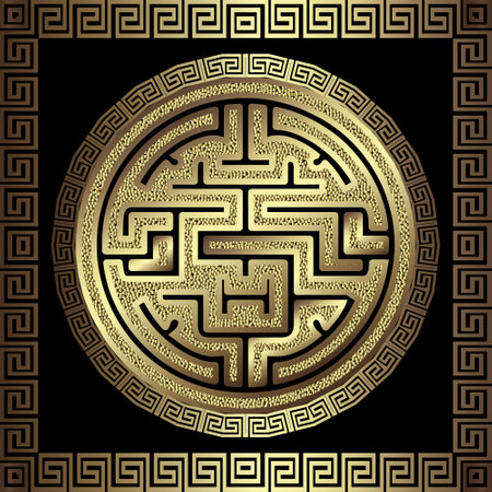 Textured strippled glittery gold 3d mandala seamless pattern with square ancient greek key meander frame, border. Ornamental trendy vector background. Decorative ornaments with glitters, dots, lines.のイラスト素材