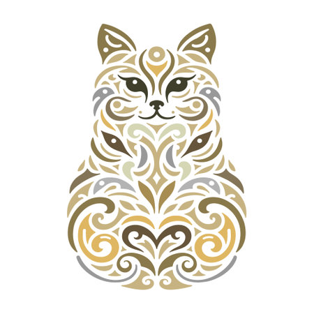 Beautiful golden colors ornamental cat pattern. Modern vector white background with patterned cat.のイラスト素材