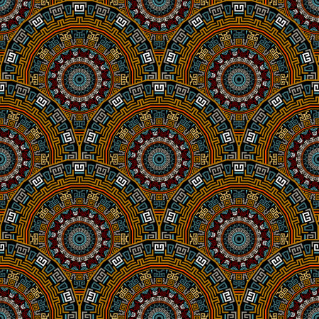 Tiled colorful greek round mandalas seamless pattern. Multicolored vector background. Repeat ornamental tribal ethnic backdrop. Ancient greece style mandalas ornaments with greek key meanders, circlesのイラスト素材
