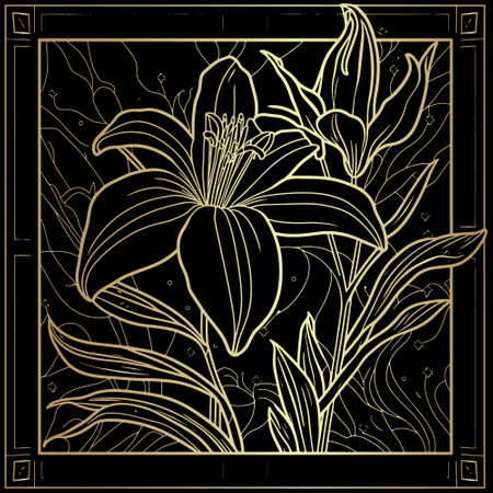 Gold line art lily flowers pattern background illustration. Lines blossom lilies trendy ornate ornaments with square frame. Decorative luxury beautiful design for cards, prints. Floral backdrop.のイラスト素材