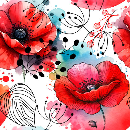 Watercolor beautiful blossom red poppies seamless pattern. Dirty watercolor romantic background. Hand drawn paint blooming wildflowers, leaves. Modern drawing poppy flowers ornament with spots, splashのイラスト素材