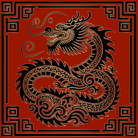 Happy Chinese new year 2024 Zodiac sign, year of the Dragon. Line art drawing ornamental chinese dragon with gold outlines and square frame. Luxury ornate decorative trendy design for cards, calendarsのイラスト素材