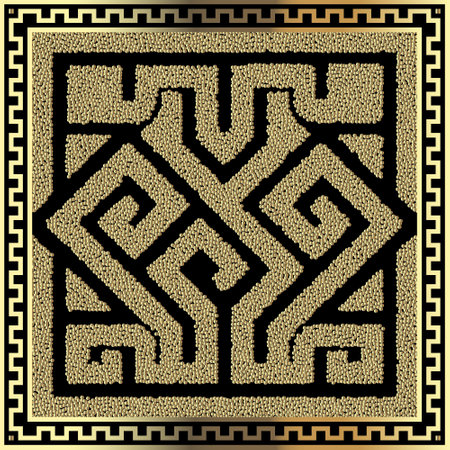 3d Textured gold stipples dotted glittery seamless pattern with greek square frame border. Ornamental ancient greek key meander grunge vector background. Luxury gold ornaments. Endless grungy texture.のイラスト素材