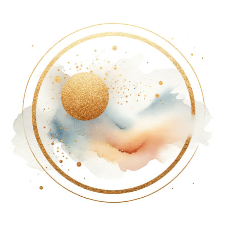 Gold round circle frames with colorful watercolor splash splatter stain brush strokes gold glitter painting pattern on white background. Trendy isolated watercolor design on white. Element. For cards.のイラスト素材