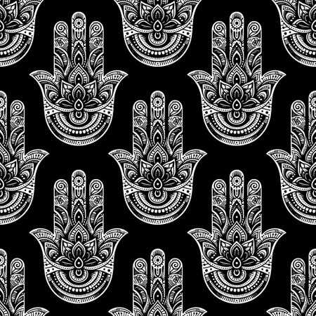 Black and white line art ornamental floral ethnic style Hamsa hand seamless pattern. Hand of Fatima. Islamic amulet, symbol of protection from devil eye. Isolated Floral hamsa hands. Endless texture.のイラスト素材