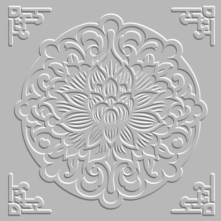 Floral ornamental emboss lotus flowers 3d seamless mandala pattern. Surface beautiful light vector background. Repeat relief backdrop. Embossed lotus flowers lines ornament. Endless grunge texture.のイラスト素材