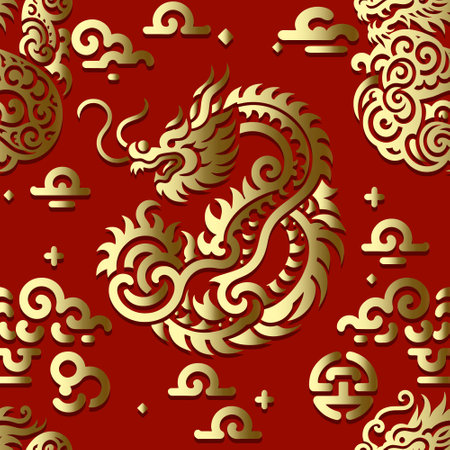 Gold ornamental chinese dragons 3d seamless pattern on red background. Happy Chinese new year 2024 Zodiac sign, year of the Dragon. Luxury ornate decorative trendy design for cards, prints, wraps.のイラスト素材
