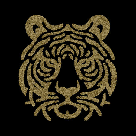 Gold textured ornamental tiger head pattern with glitter. Modern vector black background with patterned gold tiger. Minimalist style ornaments.のイラスト素材