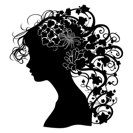 Woman face silhouette with vintage floral hair in art nouveau style. Face side view. Black vector beautiful woman silhouette on white background. Old retro nouveau style isolated decorative design.のイラスト素材