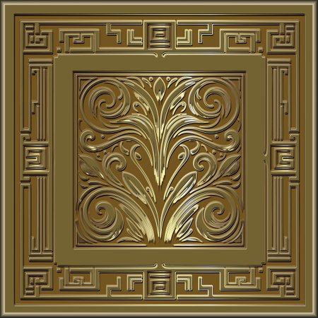 Gold Art Nouveau and greek style textured emboss 3d seamless pattern with square frame, borders. Relief floral vector background. Ornamental embossed vintage flowers ornament. Surface endless texture.のイラスト素材