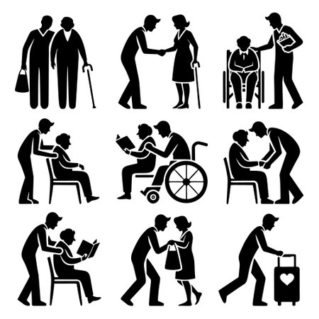 Vector icons silhouettes of people assisting the elderly. An individual helping an elderly person to walk, a caregiver reading to an older individual, and a person assisting a senior with groceries.のイラスト素材
