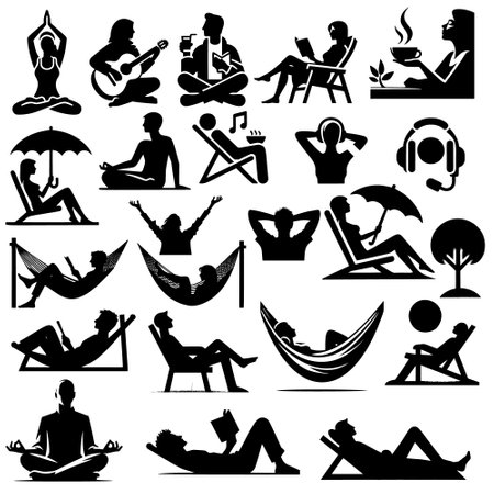 Collection of silhouettes of people relaxing. Set of black isolated vector silhouettes icons on white background. Meditation, Playing guitar, Hammock, Reading, Music, Coffee, Headphones.のイラスト素材