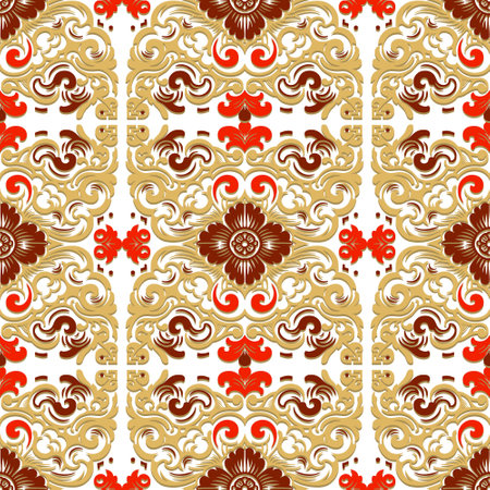 Chinese traditional beautiful seamless pattern. Vector ornamental ethnic floral background. Colorful red yellow decorative ornaments on white background. Chinese new year. Endless ornate texture.のイラスト素材
